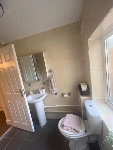 a bathroom with a white toilet and a sink at 2bed apartment free parking in Oxford