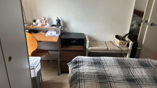 een slaapkamer met een bureau en een bed en een bureau bij Quite and peaceful room in Londen