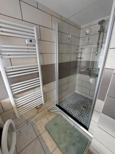 a shower with a glass door in a bathroom at Gite Au Pays Welche in Lapoutroie