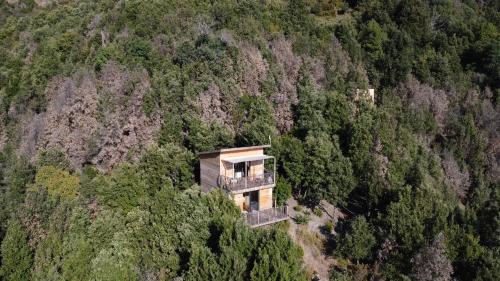 an aerial view of a house in the middle of a forest at LES CABANES DE LUTINA in Poggio-Marinaccio