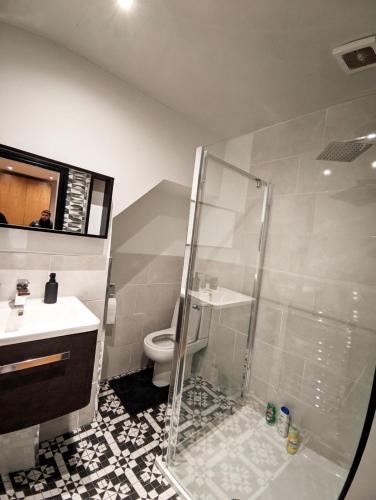 ein Bad mit einer Dusche, einem WC und einem Waschbecken in der Unterkunft A&A Luxury Stay Alice in Sunderland