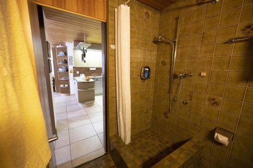 a bathroom with a shower and a toilet at Chasa Serras - Döpper in Scuol