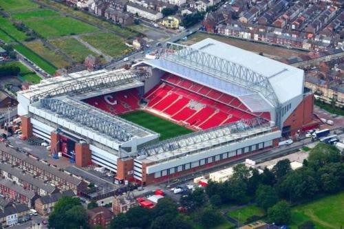 an aerial view of a soccer stadium with a soccer field at Tiny small cosy studio apartment in Liverpool