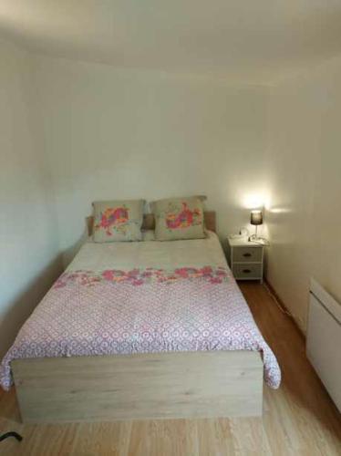 ein Schlafzimmer mit einem Bett mit einer lila Tagesdecke in der Unterkunft studio au calme wifi 600m centre ville in Castres