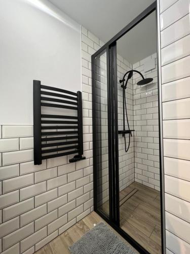 a shower with a glass door in a bathroom at Ostoya Twoya in Poronin