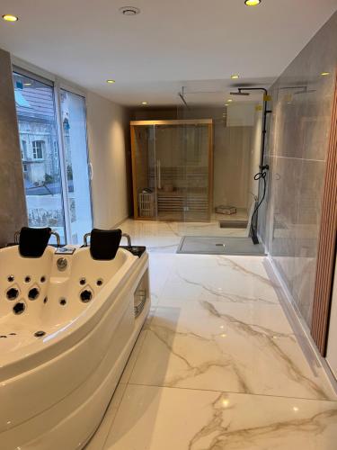 ein großes Bad mit einer Badewanne und einer Dusche in der Unterkunft Appartement Loft haut standing in Douai