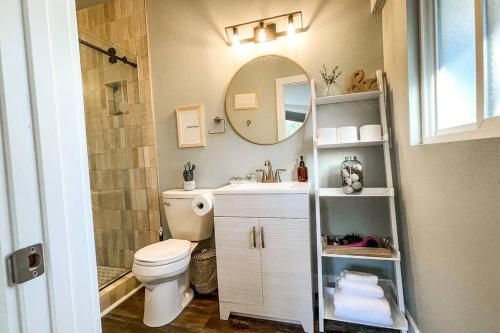 a bathroom with a toilet and a sink and a mirror at Stylish remodeled studio near IvyWild/Downtown in Colorado Springs