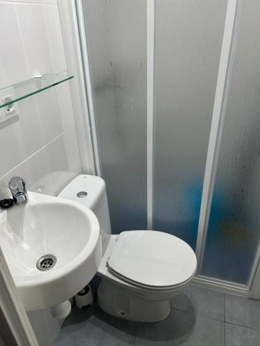 a bathroom with a white toilet and a sink at El descanso de Lucía, estudio in Conil de la Frontera