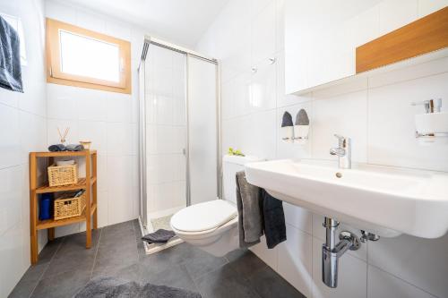 a white bathroom with a toilet and a sink at Chasa Sotchà Dadora 698 in Scuol