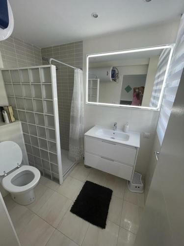 a bathroom with a toilet and a sink and a mirror at Horizonte Azul in Calpe