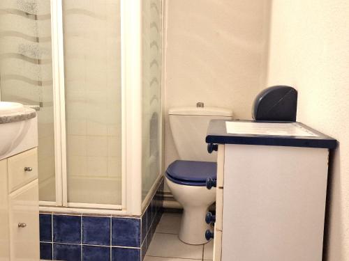 une petite salle de bain avec toilettes et douche dans l'établissement **BANYULS-SUR-MER: T2 avec terrasse, entre plages, randonnées, et activités nautiques !** - FR-1-309-413, à Banyuls-sur-Mer