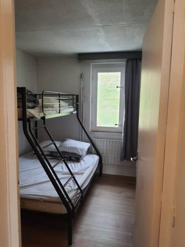 une chambre avec deux lits superposés et une fenêtre dans l'établissement Joli T2 au pied des pistes, parking couvert, wifi, à La Mongie