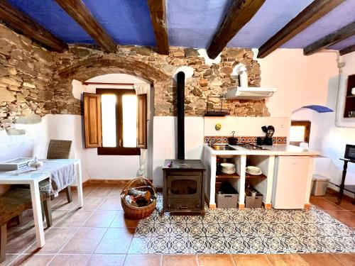 a kitchen with a stove and a stone wall at Estudio en masía Can Mon in Anglés