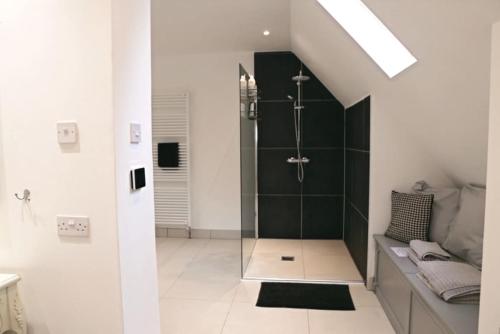 a bathroom with a shower with a glass door at Hen & Stag Retreat Weekend Stay Sleeps 10 to 30 in Thetford