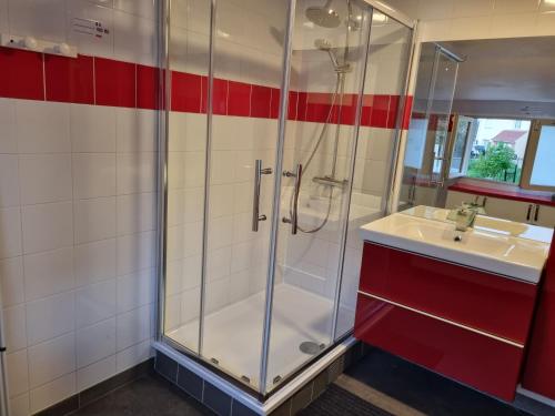 a bathroom with a shower and a sink at Maison entière 30 mn CDG, 30 mn Disney, 30 mn Senlis 