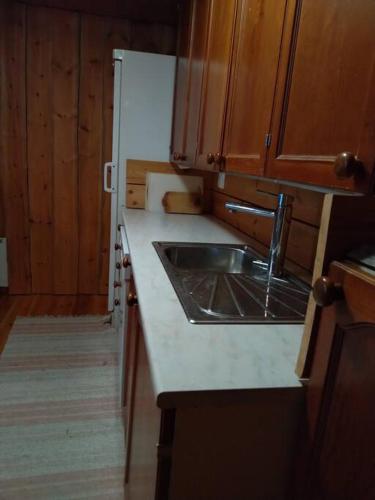 a kitchen with a sink and wooden cabinets at Akolampi cottage in Impiö