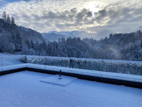 a snow covered balcony with a view of the mountains at Wohnung Staufenblick und Wohnung Firstblick in Dornbirn