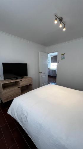a bedroom with a large white bed and a flat screen tv at Hospedaje la Florentina in Pica