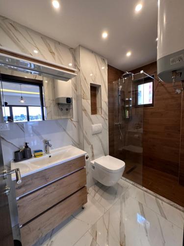 コパオニクにあるGlecer A07のトイレ、洗面台、シャワー付きのバスルーム