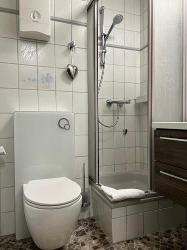 a white bathroom with a toilet and a shower at Hike & Bike in Altenau