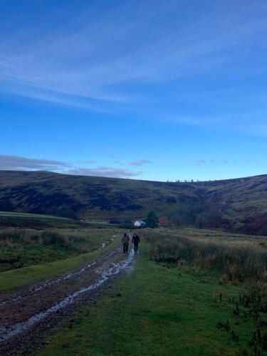 two people walking down a dirt road in a field at East Learmouth Lakeside Lodges in Cornhill-on-tweed