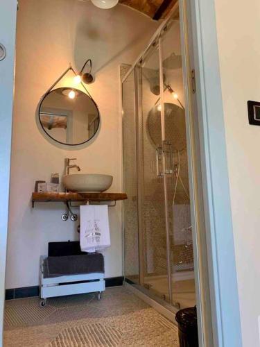 a bathroom with a shower and a sink and a mirror at Podere 239 - Appartamento La Stalla in Marsiliana
