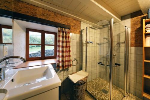 uma casa de banho com um lavatório e um chuveiro em Gentiane Fermette Hautes Vosges em Tendon