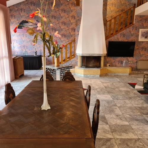a dining room with a table and a fireplace at Le Gîte de Massiac in Massiac