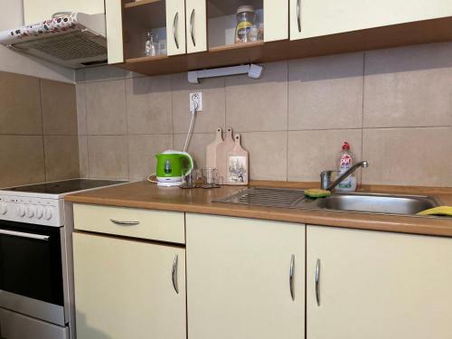 a kitchen with white cabinets and a sink and a stove at Cozy Studio in neighbourhood with Prague in Beroun