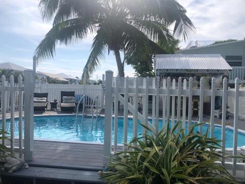 a white fence next to a pool with a palm tree at Parrot Eyes in Tavernier