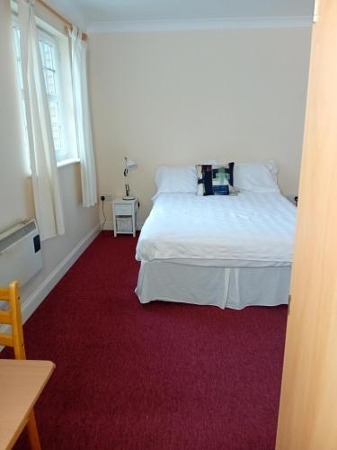 ein Schlafzimmer mit einem weißen Bett und einem roten Teppich in der Unterkunft Ensuite Double Room in London