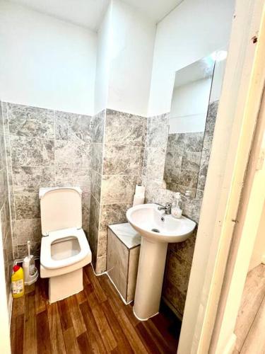 a bathroom with a toilet and a sink at Brilliant One Bedroom Flat in London in London
