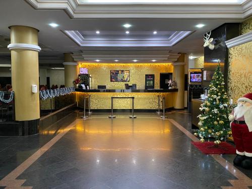 a christmas tree in the lobby of a hotel at Hotel Europa in Blumenau