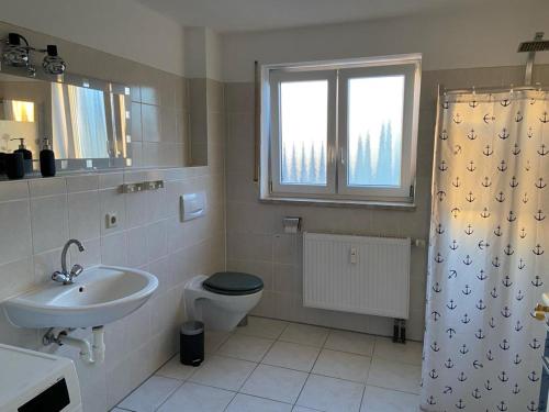 a bathroom with a sink and a toilet and a window at Sonnige Wohnung mit Balkon in Eppingen