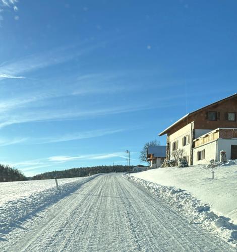 a snow covered road in front of a building at Gasthof Seelhofer in Prigglitz