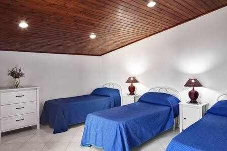 マッサ・ルブレンセにあるIl Frantoio by Gocceの青いシーツとランプが備わるベッド3台付きの部屋