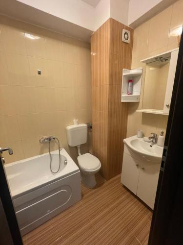 a small bathroom with a toilet and a sink at Comfort Stay Apartment - Free Parking & Wi-Fi in Chiajna