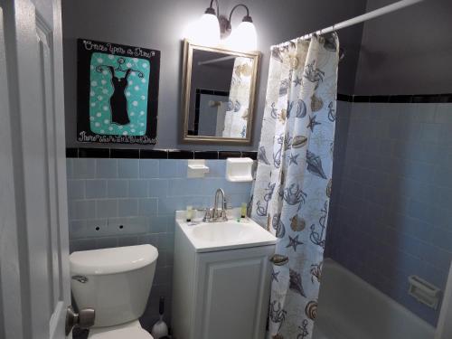a bathroom with a toilet and a sink and a mirror at Fishing Retreat in Pensacola