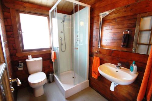 Un baño con inodoro, ducha y lavabo. en Douro Yacht Charter & Bungalows, en São João da Pesqueira
