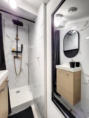 une salle de bain avec une douche, un lavabo et un miroir dans l'établissement Au Bel Ami, à Nantes