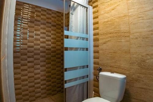 a bathroom with a toilet and a glass shower at Casa Maxim - Locuință privata la poalele masivului Straja in Lupeni