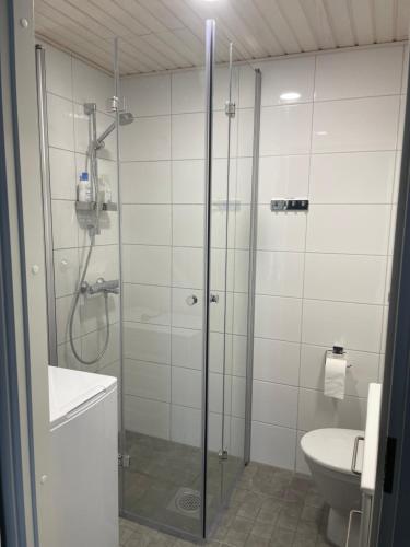 a bathroom with a shower and a toilet at Helsinki Airport Apartment in Vantaa