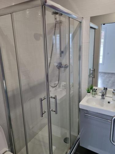 a bathroom with a shower and a sink at Mikaela Guest House 2 in Ramada