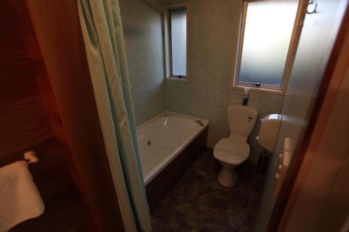 a bathroom with a tub and a toilet and a bath tub at Aspen on King in Timaru