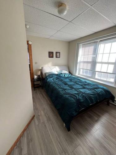 um quarto com uma cama e uma grande janela em Comfy Apt near Guthrie RPH Sayre em Sayre