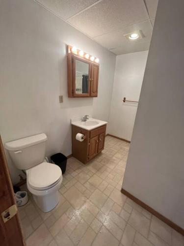 a bathroom with a toilet and a sink at Spacious Apt near Guthrie Packer in Sayre