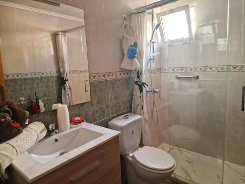 y baño con ducha, aseo y lavamanos. en Apartament Ania, en Torrevieja