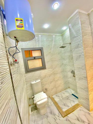 a bathroom with a toilet and a shower at Enjoy pyramids Golden Hotel in Cairo