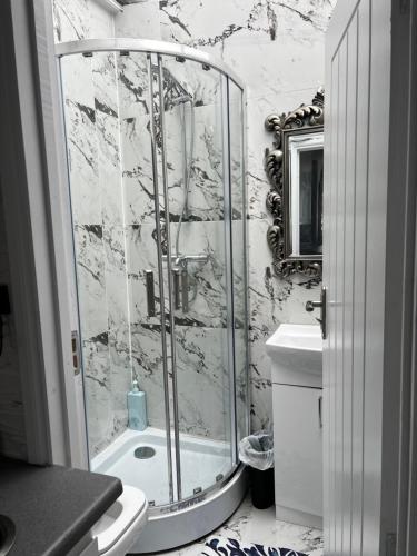 La salle de bains est pourvue d'une douche, de toilettes et d'un lavabo. dans l'établissement Sunnyside, à Londres