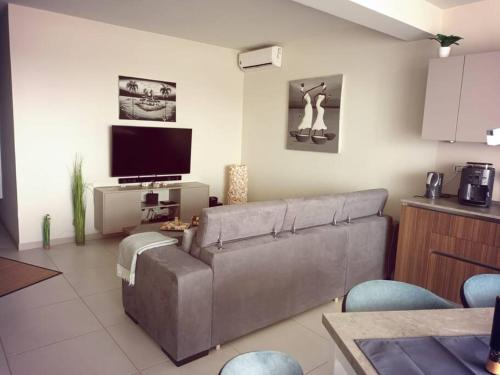 OceanDream Beach House Apartment في سال ري: غرفة معيشة مع أريكة وتلفزيون
